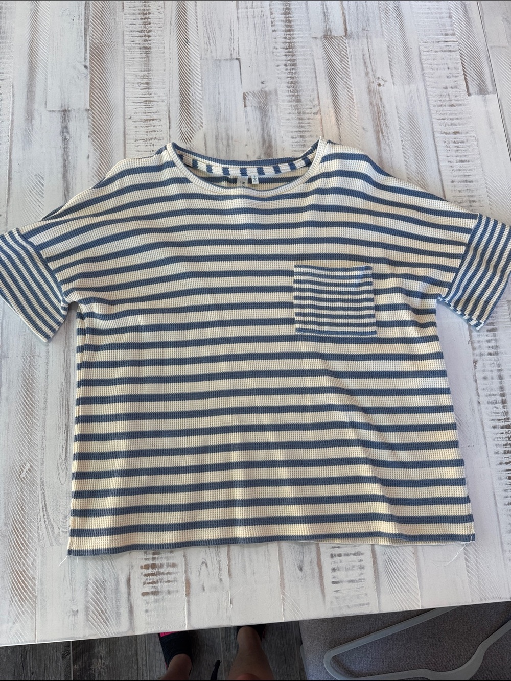 Women’s Blue and White Striped Pocket Tee